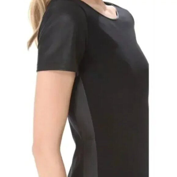 Theory Leilana Black Lamb Leather Panel Trim Short Sleeve Sheath Dress Work 6 - Picture 7 of 11